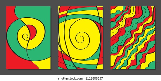 Abstract Geometric Backgrounds with Wavy Lines. Cover Design Templates Set in Cubism Style. Rastaman Music Posters. Vector Wavy Stripe and Ethnic Design Elements. Bright Psychedelic Abstract Covers.