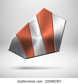 Abstract geometric badge, blank button template with bronze metal texture (chrome, silver, steel), realistic shadow and light background for web user interfaces, UI, applications, apps. Vector.