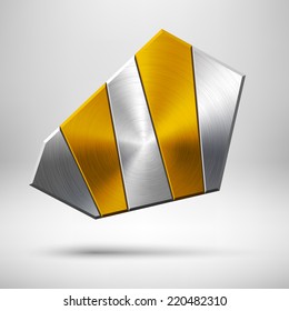 Abstract geometric badge, blank button template with gold metal texture (chrome, silver, steel), realistic shadow and light background for web user interfaces, UI, applications, apps. Vector.