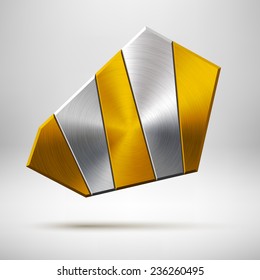 Abstract geometric badge, blank button template with gold metal texture (chrome, silver, steel), realistic shadow and light background for web user interfaces, UI, applications, apps. Vector.