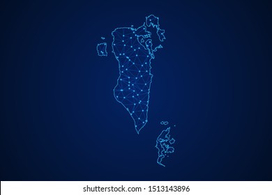 Abstract geometric of Bahrain map polygonal line, structure and point scales on blue dark background with lights and dots. Vector illustration eps 10.