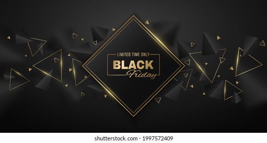 Abstract, geometric banner of 3d, black and golden triangles for Black Friday sale. Label with elegant, decorative polygonal shapes. Commercial discount event. Vector illustration. EPS 10