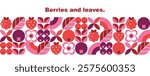 Abstract geometric banner with berries, leaves and flowers.Seamless pattern.Decorative floral background.Simple icons in flat style.Isolated elements.Organic food.Vector illustration.