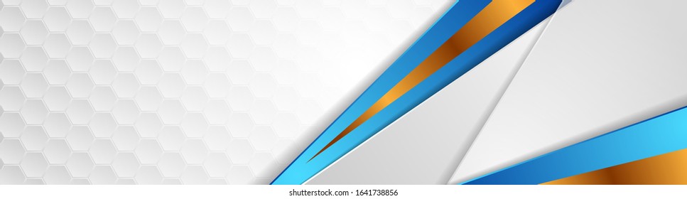 Abstract geometric banner design with blue and golden stripes. Technology vector background