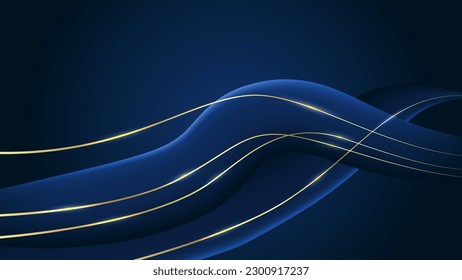 Abstrakter geometrischer Banner. Goldene Linien und blaue Wellen auf mariniertem Hintergrund.