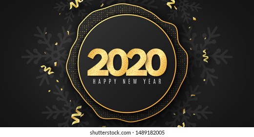 Abstract geometric banner for Happy New Year 2020. Fluid design for your project. Wave shapes with golden glitter. Pattern of snowflakes. Greeting card. Vector illustration. EPS 10