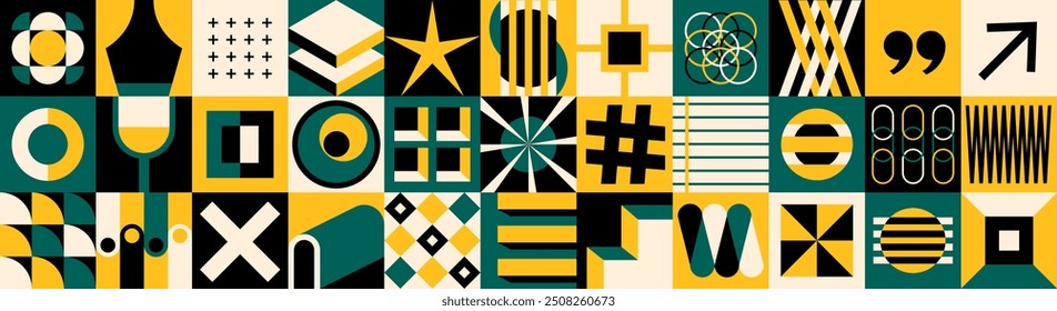 Abstract geometric banner minimal 70s mosaic style with geometry figures and shapes circle, triangle. square. Avant-garde concept illustration.