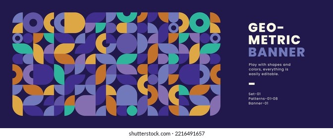 Abstract geometric banner. Modern and colorful header with geometric shapes. Flat vector illustration for website. Minimalist seamless pattern. Mosaic background.