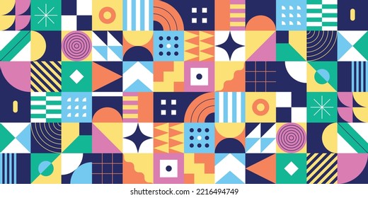 Abstract geometric banner. Modern and colorful header with geometric shapes. Flat vector illustration for website or covers. Minimalist seamless pattern. Mosaic background.