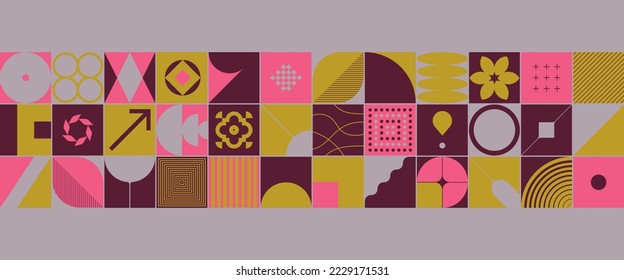 Abstract geometric banner. Modern seamless pattern. Neo geo header. Geometrical shapes. Trendy vector illustration. Mosaic background. Wide graphic design. Swiss style. Grey, yellow and pink set.