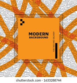 Abstract geometric banner. Orange square on the sketchy line pathes and terrain texture. May use for taxi, delivery advertising