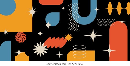 Abstract geometric banner with shapes and forms. Brutal contemporary figures, stars, ovals, flowers and other graphic design elements. Swiss design aesthetic, Y2K vector illustrations.