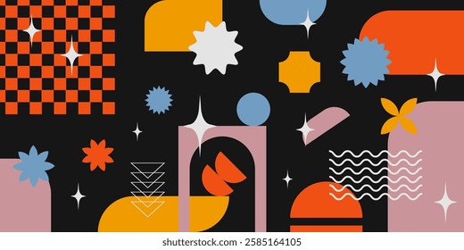 Abstract geometric banner with shapes and forms. Brutal contemporary figures, stars, arch, flowers and other graphic design elements. Swiss design aesthetic, Y2K vector illustrations.	