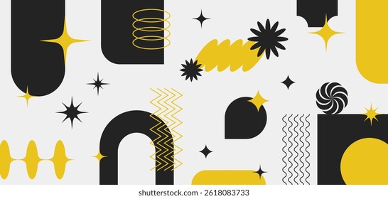 Abstract geometric banner with shapes and forms. Brutal contemporary figures, stars, ovals, flowers and other graphic design elements. Swiss design aesthetic, Y2K vector illustrations.