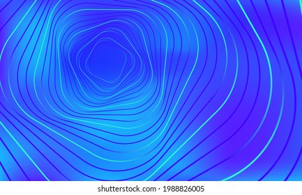 Abstract geometric banner. Swirling blue lines on gradient background. Whirl square shape, wave stripes, rotation movement, neon image. Futuristic twist grid backdrop. Vector optical art illustration