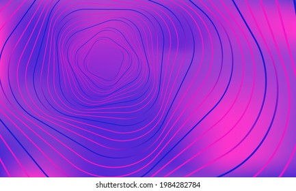 Abstract geometric banner. Swirling purple lines on gradient pink background. Whirl square, wave stripes, rotation movement, neon image. Futuristic twist grid backdrop. Vector optical art illustration