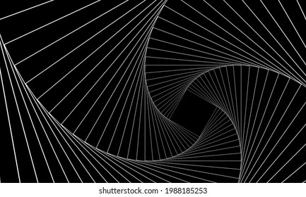 Pancarta geométrica abstracta. Girando líneas blancas sobre un fondo negro. Plaza de remolque, franjas de onda, movimiento de rotación, imagen de espiral de neón. Fondo de red de giro futurista. Ilustración de arte óptico del vector