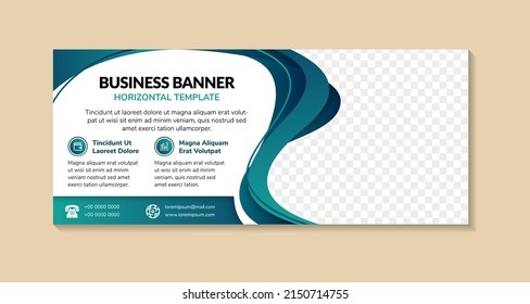 Abstract geometric banner template. Horizontal layout with multicolored blue gradient element. Space for photo collage and text. White background with curve style.