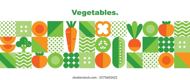 Abstract geometric banner with vegetables. Seamless pattern.Set of simple icons in flat bauhaus style. Organic food. Seamless border. Elements isolated on white background. Vector illustration.