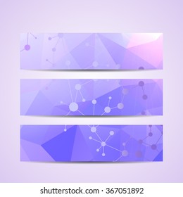 Abstract geometric banners molecule and communication. Science and technology design, structure DNA, chemistry, medical background, business and website templates. Vector illustration