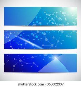Abstract geometric banners molecule and communication. Science and technology design, structure DNA, chemistry, medical background, business and website templates. Vector illustration
