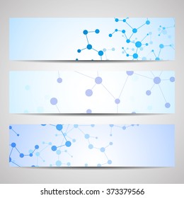 Abstract geometric banners molecule and communication. Science and technology design, structure DNA, chemistry, medical background, business and website templates. Vector illustration