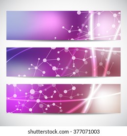 Abstract geometric banners molecule and communication. Science and technology design, structure DNA, chemistry, medical background, business and website templates. Vector illustration