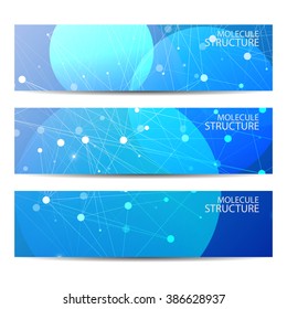 Abstract geometric banners molecule and communication. Science and technology design, structure DNA, chemistry, medical background, business and website 