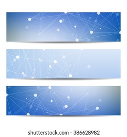 Abstract geometric banners molecule and communication. Science and technology design, structure DNA, chemistry, medical background, business and website 