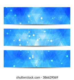 Abstract geometric banners molecule and communication. Science and technology design, structure DNA, chemistry, medical background, business and website 