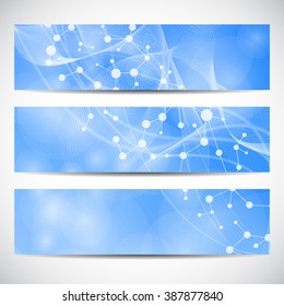 Abstract geometric banners molecule and communication. Science and technology design, structure DNA, chemistry, medical background, business and website