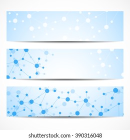 Abstract geometric banners molecule and communication. Science and technology design, structure DNA, chemistry, medical background, business and website