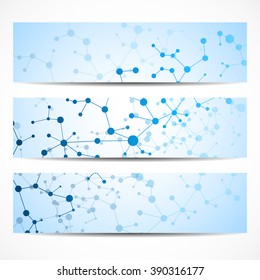 Abstract geometric banners molecule and communication. Science and technology design, structure DNA, chemistry, medical background, business and website
