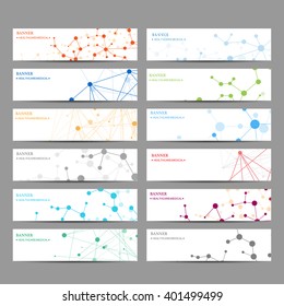 Abstract geometric banners molecule and communication. Science and technology design, structure DNA, chemistry, medical background, business and website templates. Vector illustration