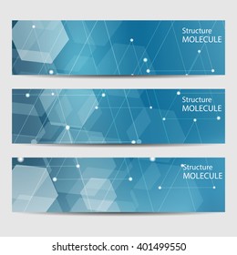 Abstract geometric banners molecule and communication. Science and technology design, structure DNA, chemistry, medical background, business and website templates. Vector illustration