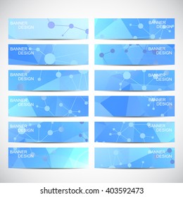 Abstract geometric banners molecule and communication. Science and technology design, structure DNA, chemistry, medical background, business and website templates. Vector illustration