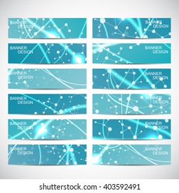 Abstract geometric banners molecule and communication. Science and technology design, structure DNA, chemistry, medical background, business and website templates. Vector illustration