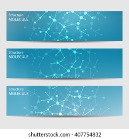 Abstract geometric banners molecule and communication. Science and technology design, structure DNA, chemistry, medical background, business and website