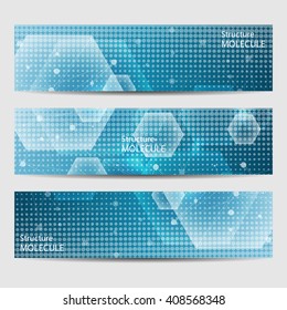 Abstract geometric banners molecule and communication. Science and technology design, structure DNA, chemistry, medical background, business and website