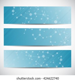 Abstract geometric banners molecule and communication. Science and technology design, structure DNA, chemistry, medical background, business and website templates. Vector illustration.