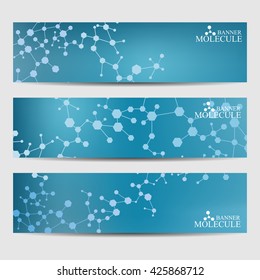 Abstract geometric banners molecule and communication. Science and technology design, structure DNA, chemistry, medical background, business and website templates. Vector illustration