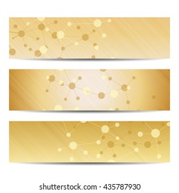 Abstract geometric banners molecule and communication. Science and technology design, structure DNA, chemistry, medical background, business and website
