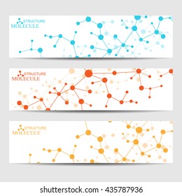 Abstract geometric banners molecule and communication. Science and technology design, structure DNA, chemistry, medical background, business and website