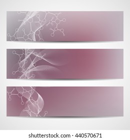 Abstract geometric banners molecule and communication. Science and technology design, structure DNA, chemistry, medical background, business and website 