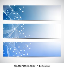 Abstract geometric banners molecule and communication. Science and technology design, structure DNA, chemistry, medical background, business and website