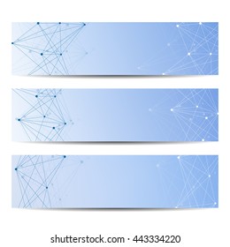 Abstract geometric banners molecule and communication. Science and technology design, structure DNA, chemistry, medical background, business and website.
