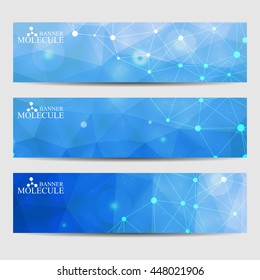 Abstract geometric banners molecule and communication. Science and technology design, structure DNA, chemistry, medical background, business and website