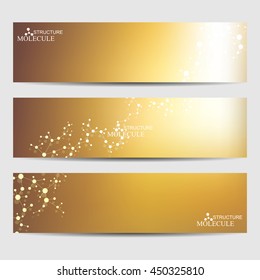 Abstract geometric banners molecule and communication. Science and technology design, structure DNA, chemistry, medical background, business and website.