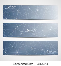 Abstract geometric banners molecule and communication. Science and technology design, structure DNA, chemistry, medical background, business and website.