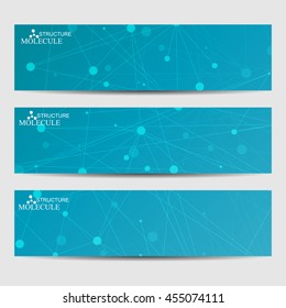 Abstract geometric banners molecule and communication. Science and technology design, structure DNA, chemistry, medical background, business and website.